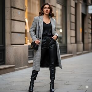 Zara Basic Outerwear Gray and Yellow Houndstooth Long Coat